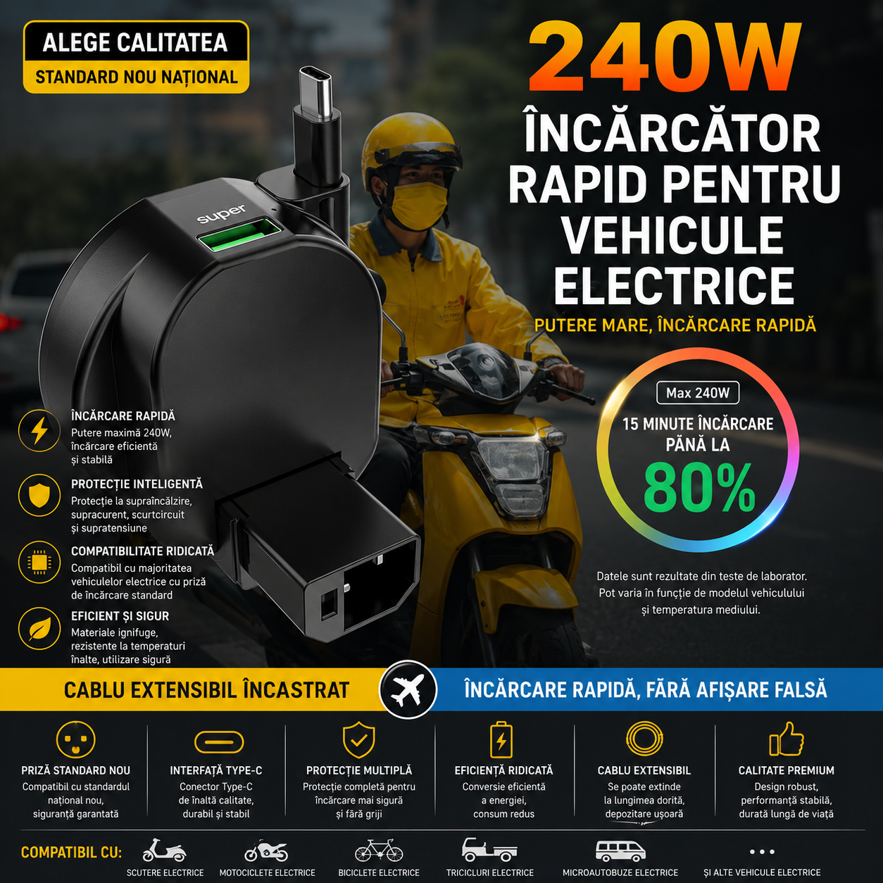VoltRide™ 240W – Incarcator Rapid pentru Biciclete si Trotinete Electrice cu Cablu Retractabil