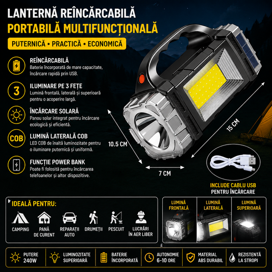 SolarFlash Pro™ – Lanterna Multifunctionala cu Incarcare Solara si COB LED