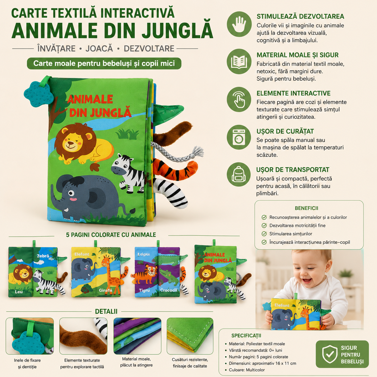 JunglyTails™ – Carticica Textila Interactiva pentru Bebelusi