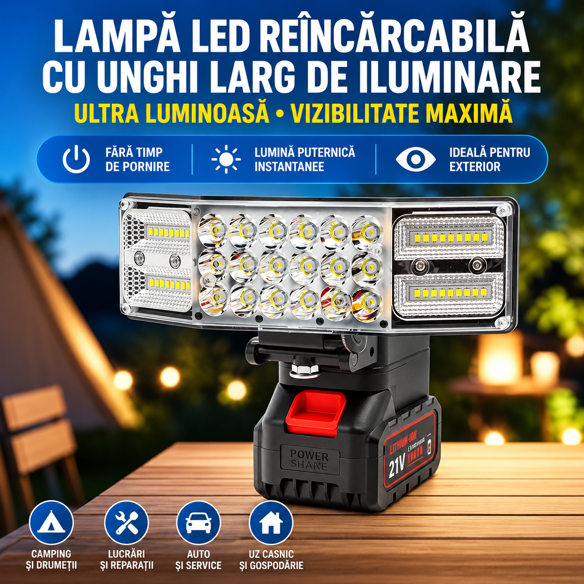 Proiector LED Portabil cu Acumulator 21V – Lumină Instant