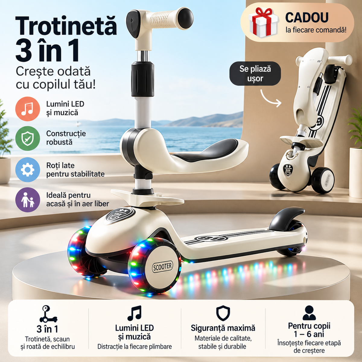 Trotineta 2-în-1 pentru copii cu scaun detașabil și lumini LED