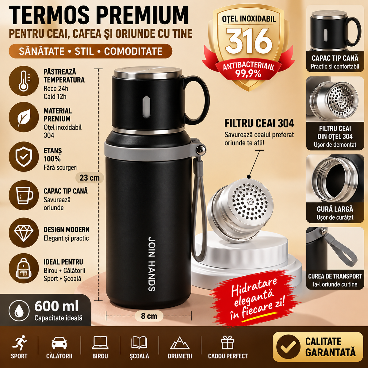 Termos Join Hands 600ml cu Cană și Filtru de Ceai
