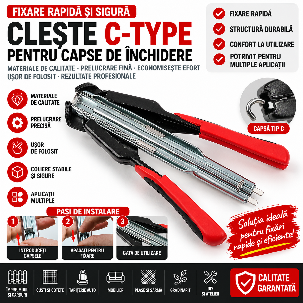 Clește Profesional pentru Capse tip C – Montat Rapid și Ușor