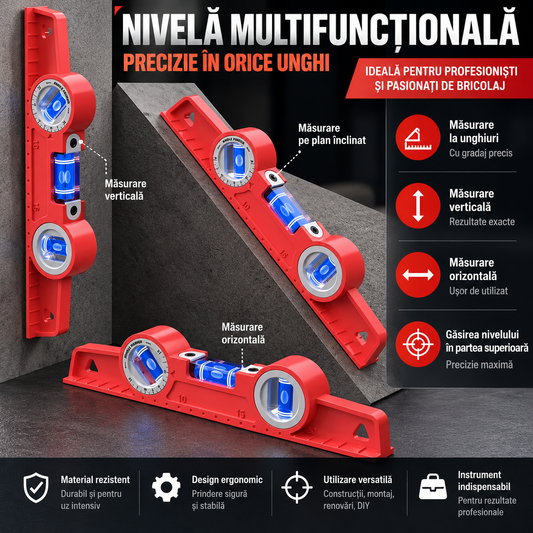 Echer de Nivel cu Bule și Raportor de Unghi – 3 în 1