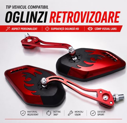 Oglinzi Retrovizoare Moto cu Design Flăcări – Roșu