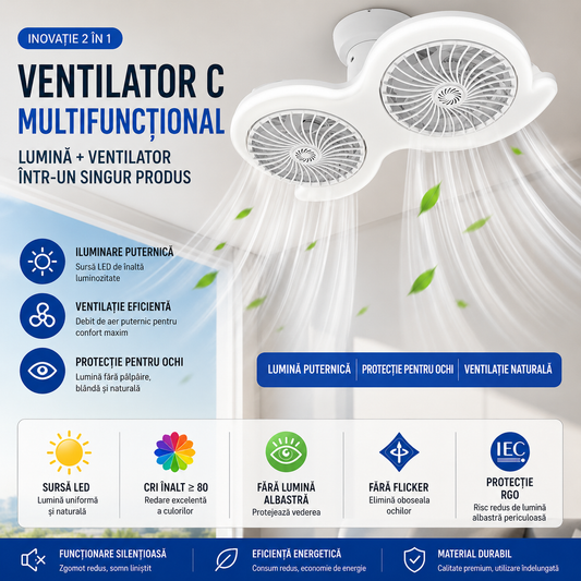 Plafonieră 2-în-1 cu Ventilator și LED – Design Modern