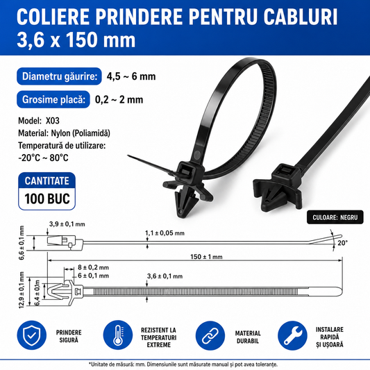 Coliere Autoblocante cu Clips de Fixare - Set 100 buc