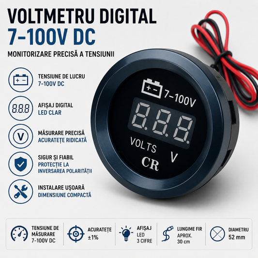Voltmetru Digital pentru Baterie Auto 7-100V