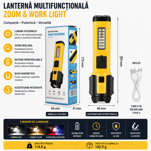 Lanternă Multifuncțională cu Zoom și Încărcare Solar