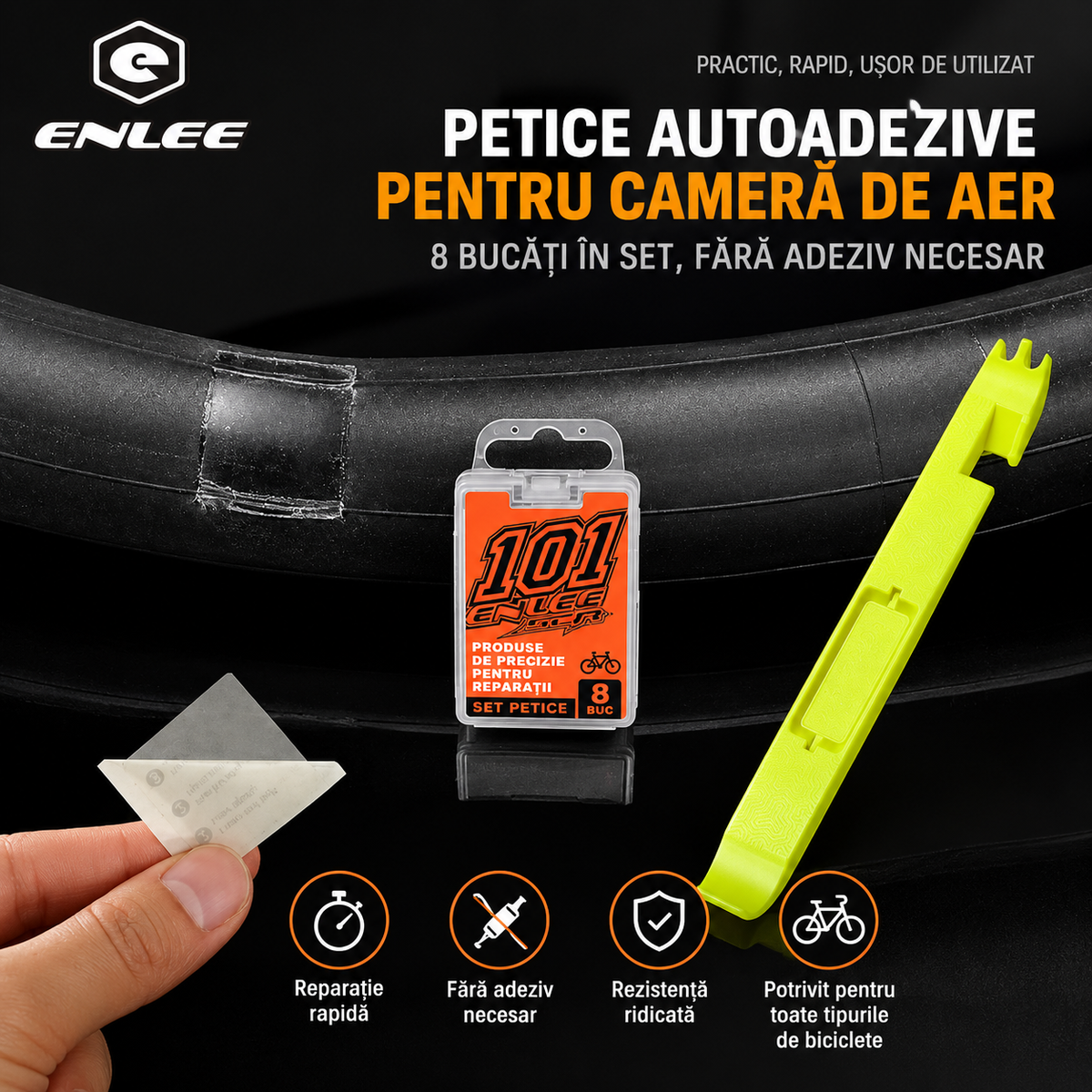 Kit Reparare Anvelopă Bicicletă – Fără Clei, 8 Patch-uri