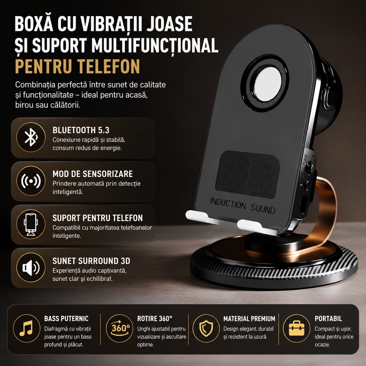 Boxa Bluetooth cu Suport de Telefon și Bass Puternic