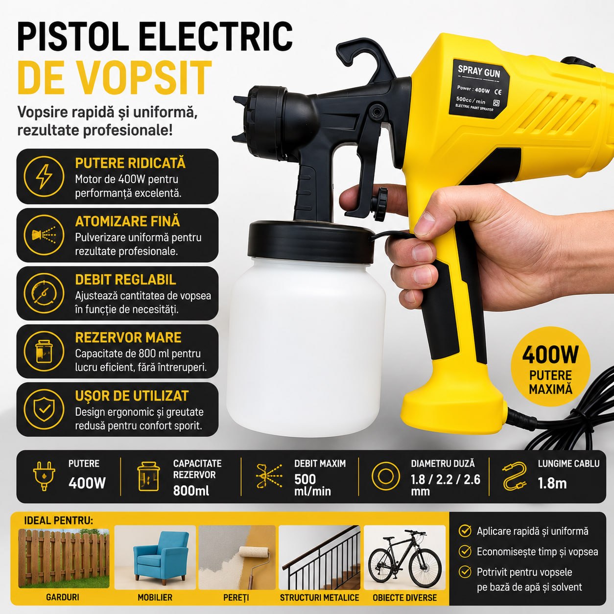 Pistol Electric de Vopsit 400W – Rezervor 800ml
