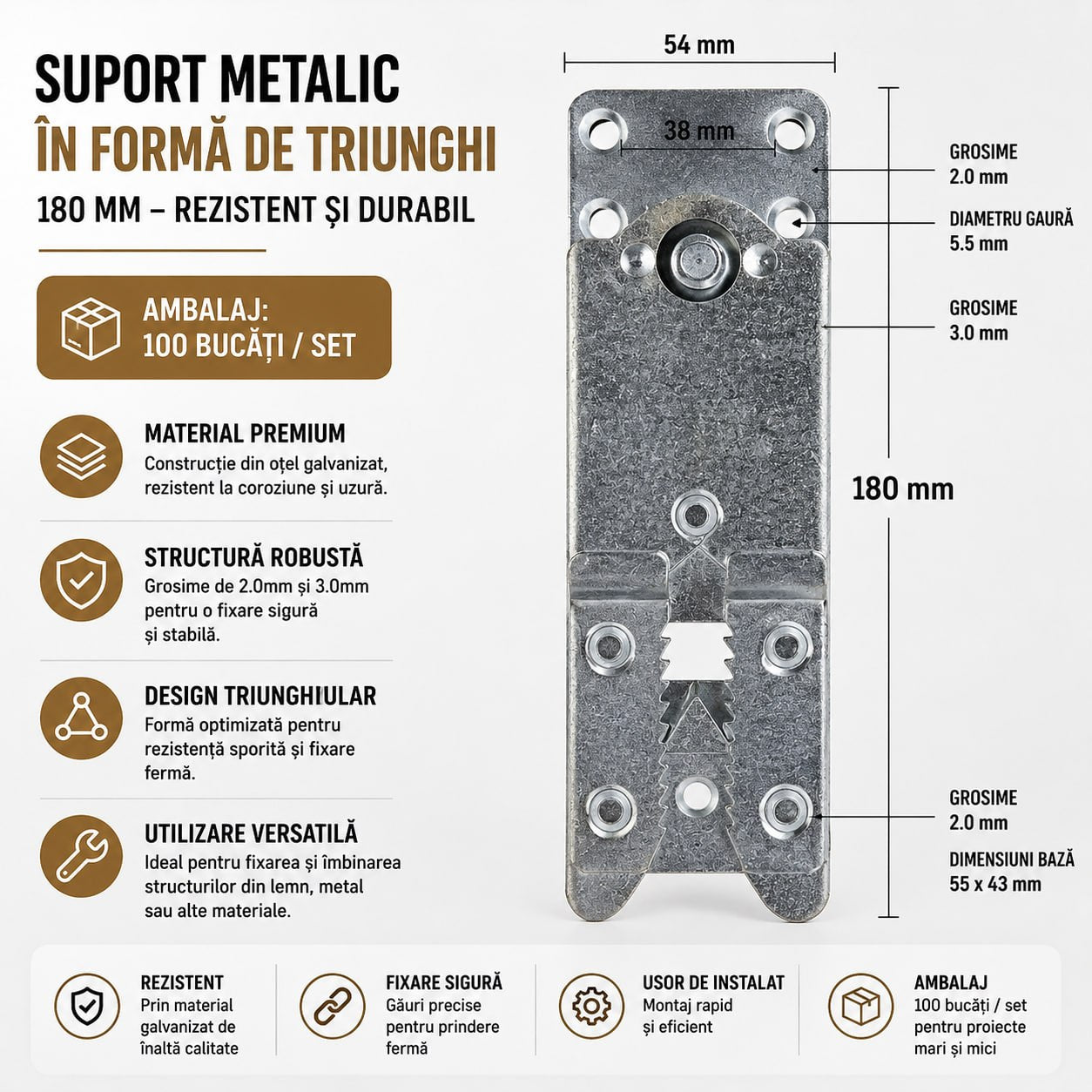 Suport Metalic Triunghiular 180mm – Set 2 Bucăți