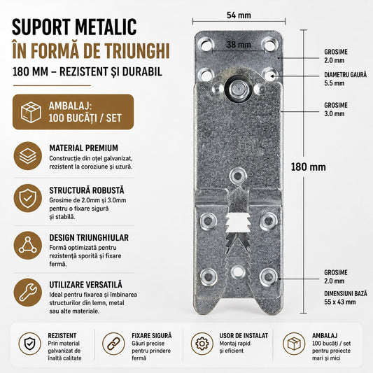 Suport Metalic Triunghiular 180mm – Set 2 Bucăți