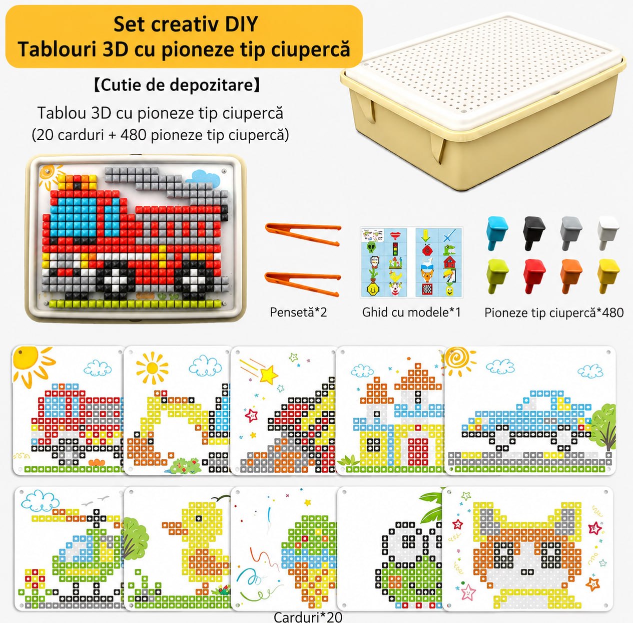 Set Creativ DIY Mozaic 3D cu Pioneze – 20 Carduri + 480 Pioneze