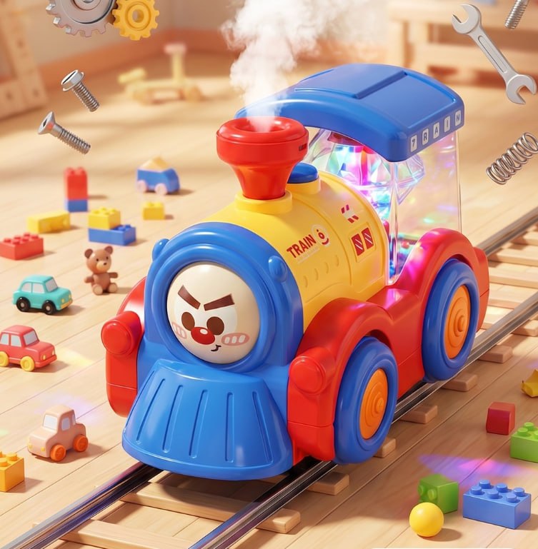 Tren Jucărie cu Lumini, Fum și Față Amuzantă