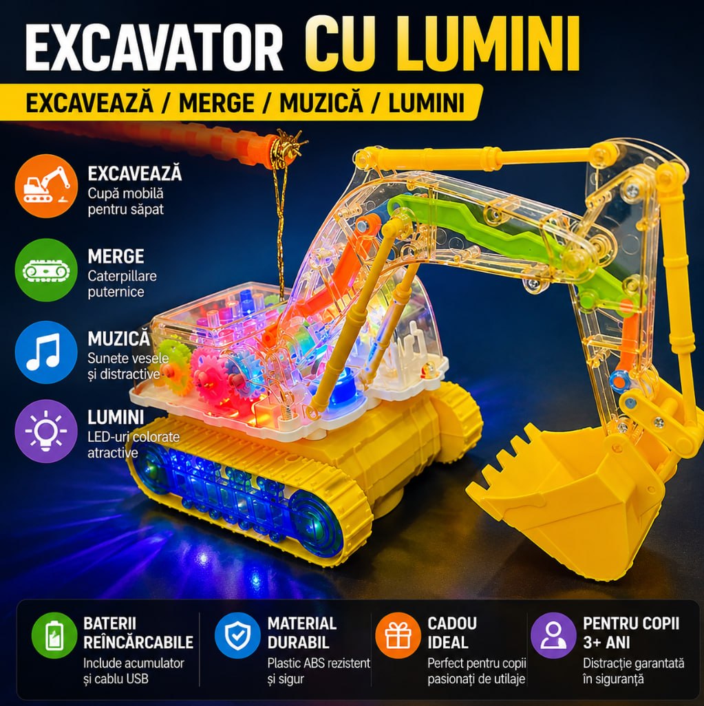 Excavator de Jucărie cu Lumini LED și Muzică