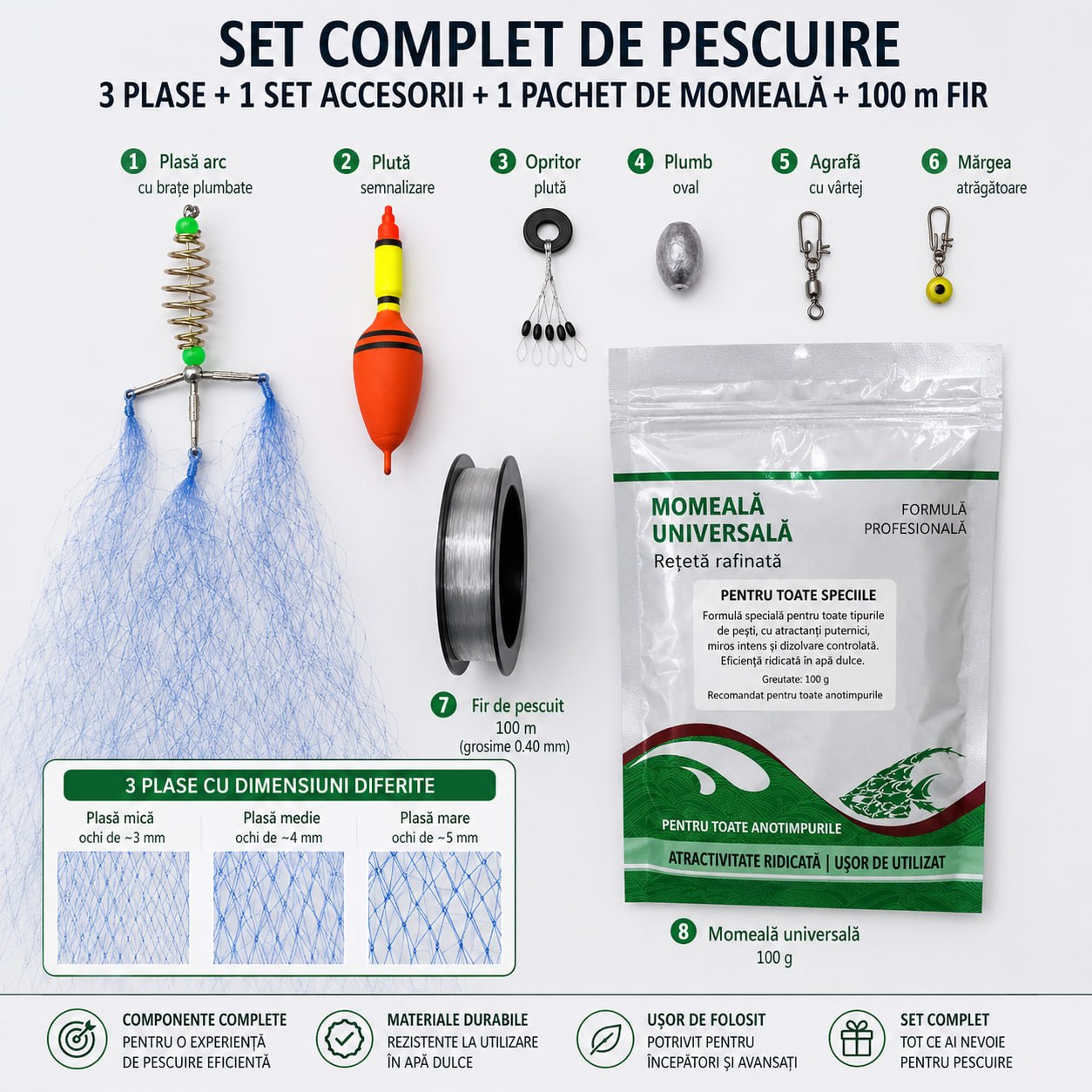 Set Complet de Pescuit – Plase, Accesorii și Momeală