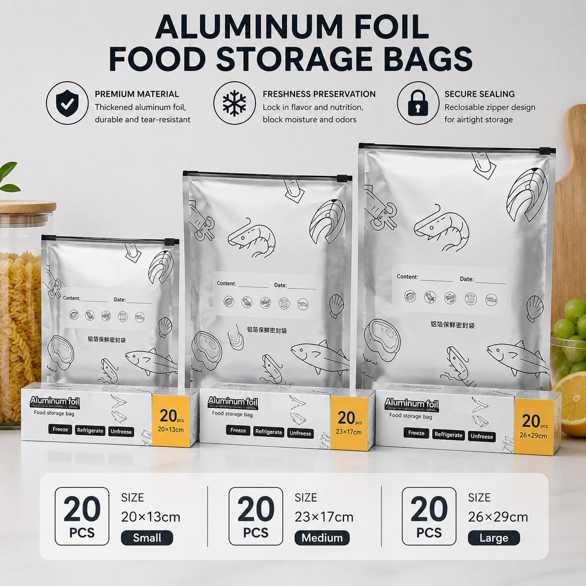 Pungi din Folie de Aluminiu pentru Păstrarea Alimentelor – Set 60 buc