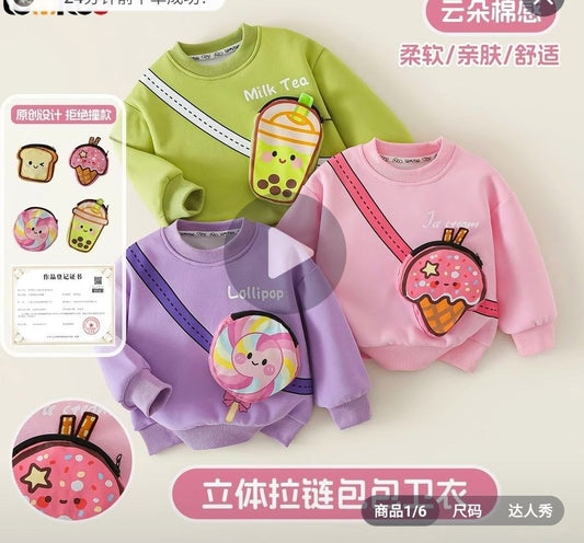 Bluză copii cu geantă 3D detașabilă – Milk Tea, Lollipop, Ice Cream