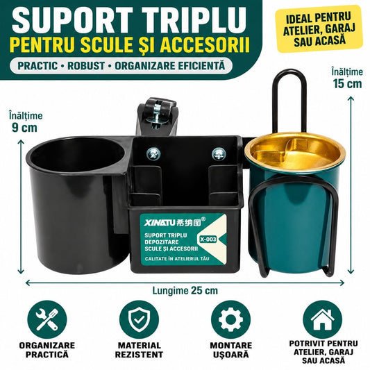 Suport Triplu pentru Scule și Accesorii – Organizare Rapidă