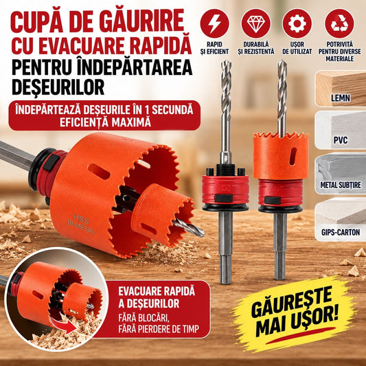 Cupă de găurire bi-metal cu evacuare rapidă a deșeurilor