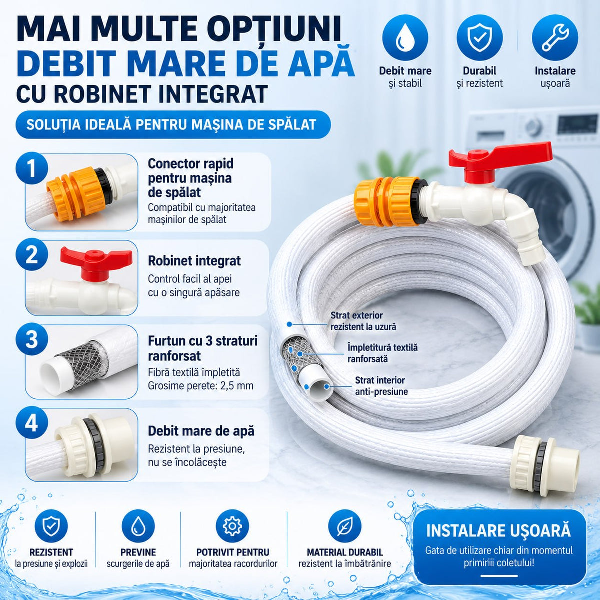 Furtun Alimentare Mașină de Spălat cu Robinet Integrat
