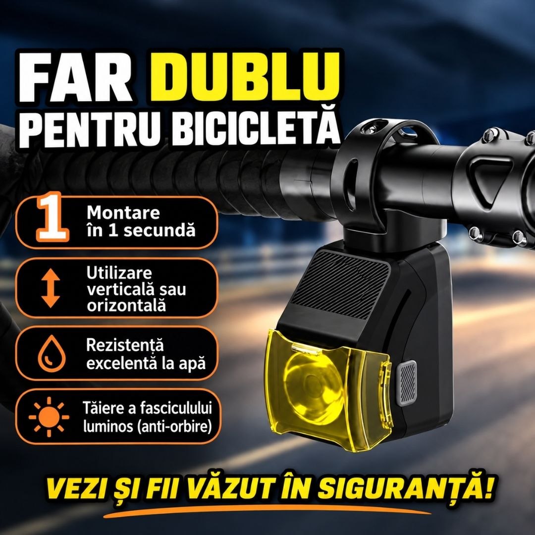 Far Dublu pentru Bicicletă – Lumină Puternică Anti-Orbire