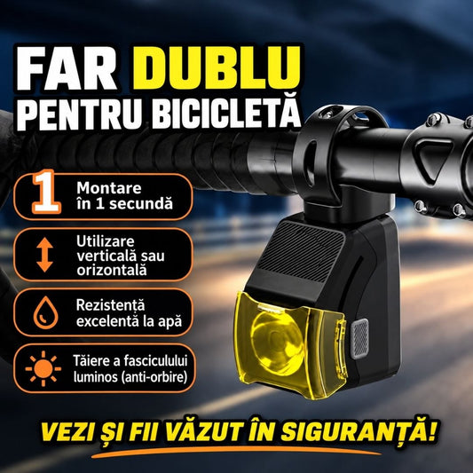 Far Dublu pentru Bicicletă – Lumină Puternică Anti-Orbire