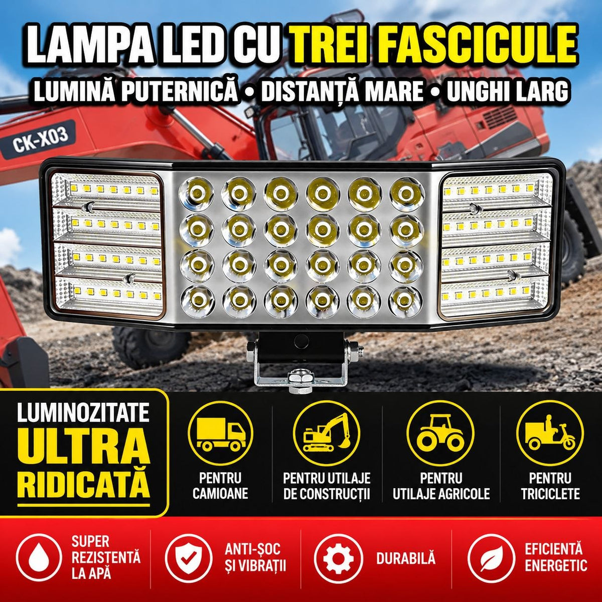 Lampă LED 3 Fascicule – Lumină Puternică pentru Utilaje