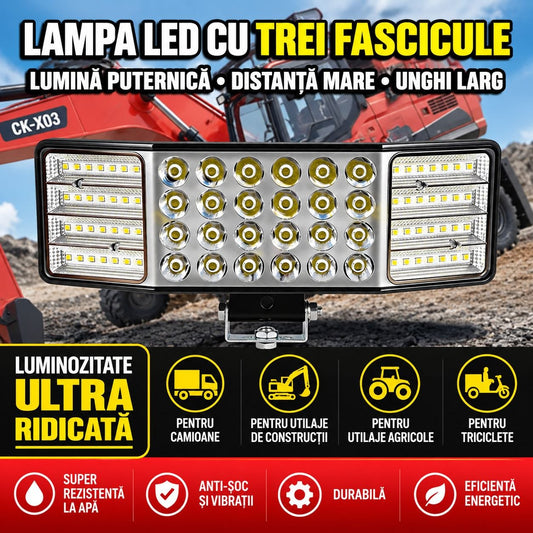 Lampă LED 3 Fascicule – Lumină Puternică pentru Utilaje