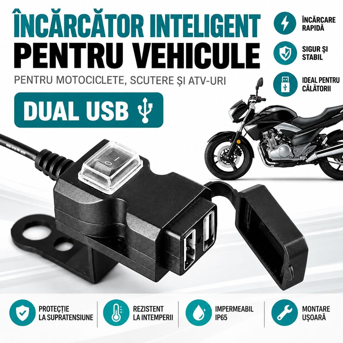 Încărcător Dual USB pentru Motocicletă, Scuter sau ATV