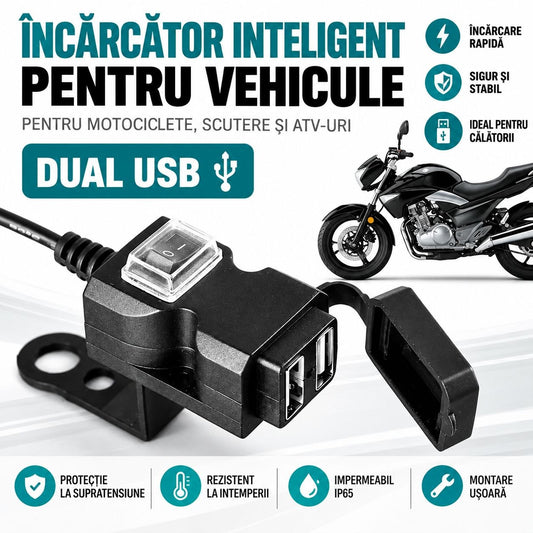 Încărcător Dual USB pentru Motocicletă, Scuter sau ATV