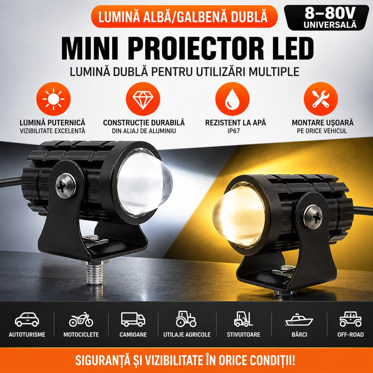 Mini Proiector LED Dublu - Alb & Galben, Universal 8-80V