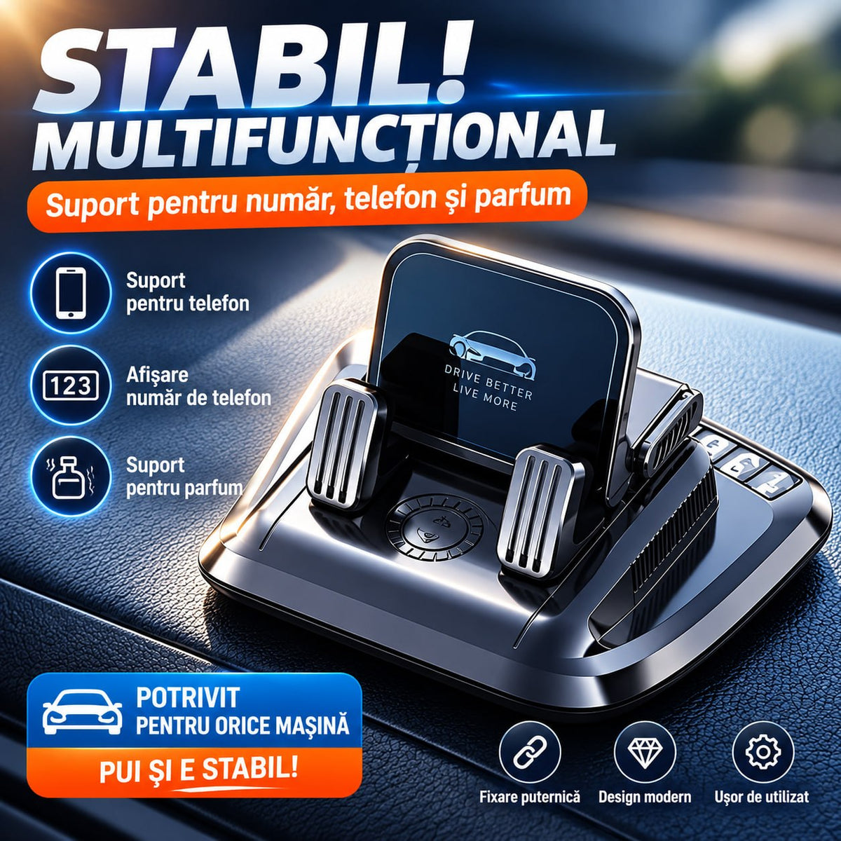 Suport Auto 3în1: Telefon, Număr & Parfum pentru Bord